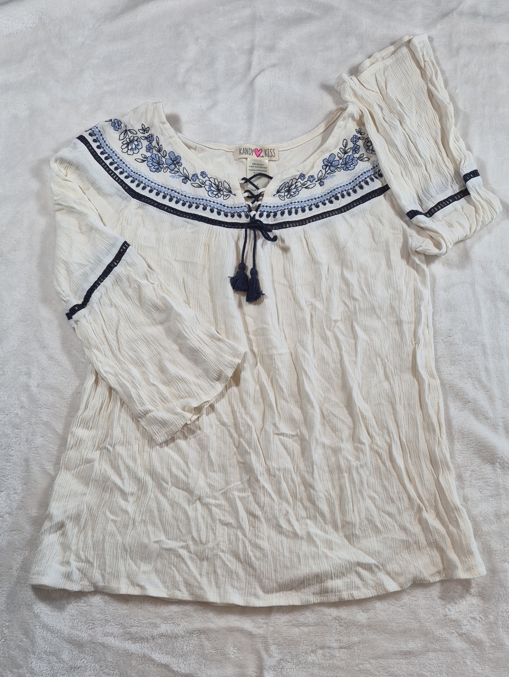 Kandy Kiss Cream Tunic with Navy Floral Embroidery